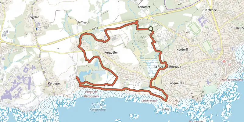 Carte du tracé de Larmor-Plage - Circuit du Parc océanique de Kerguélen sur le Plan IGN, départ et points de passage numérotés