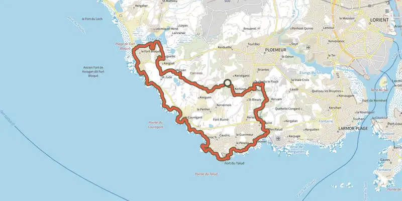 Carte du tracé de Ploemeur - Circuit de la pointe du Talud sur le Plan IGN, départ et points de passage numérotés
