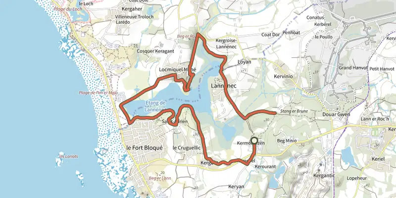Map of the Ploemeur - Circuit de Lannénec track on the IGN map, with the start and numbered waypoints