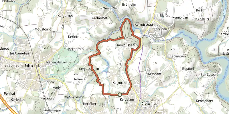 Carte du tracé de Quéven - Circuit du Golf sur le Plan IGN, départ et points de passage numérotés
