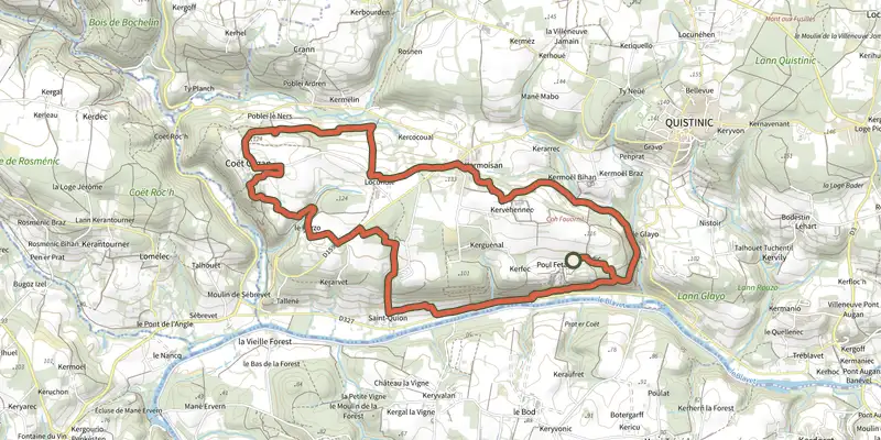Carte du tracé de Quistinic - Circuit de Poul Fetan sur le Plan IGN, départ et points de passage numérotés