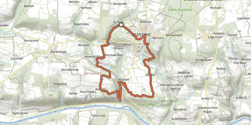 Carte du tracé de Quistinic - Circuit du Bourg sur le Plan IGN, départ et points de passage numérotés