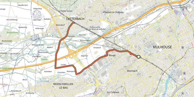 The De tram à tram entre Dornach et Lutterbach track on the IGN map