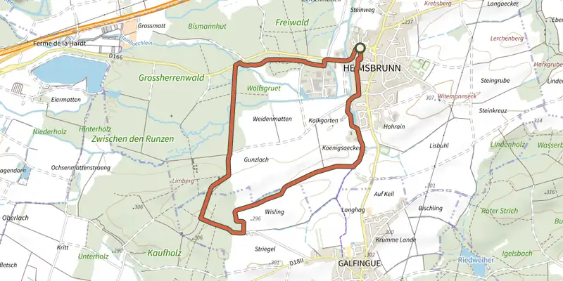 Carte du tracé de Circuit Notre Dame du Chêne à Heimsbrunn sur le Plan IGN, départ et points de passage numérotés