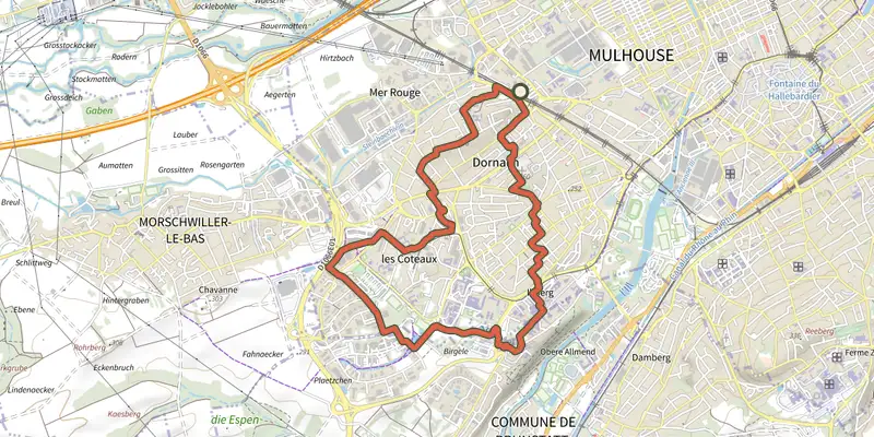 Carte du tracé de Les Collines de Dornach sur le Plan IGN, départ et points de passage numérotés