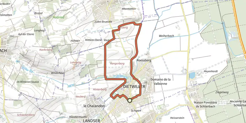 Map of the Les Collines de Dietwiller track on the IGN map, with the start and numbered waypoints