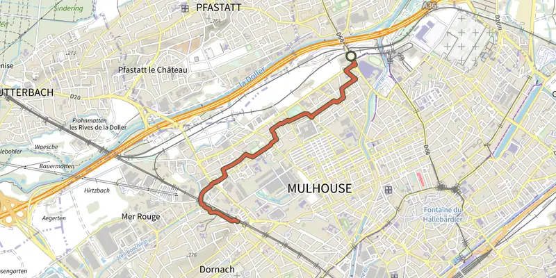 Carte du tracé de De tram à tram entre Dornach et Bourtzwiller sur le Plan IGN, départ et points de passage numérotés