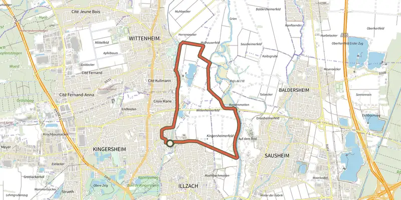 Carte du tracé de Au fil de l'Ill et du Dollerbaechlein sur le Plan IGN, départ et points de passage numérotés