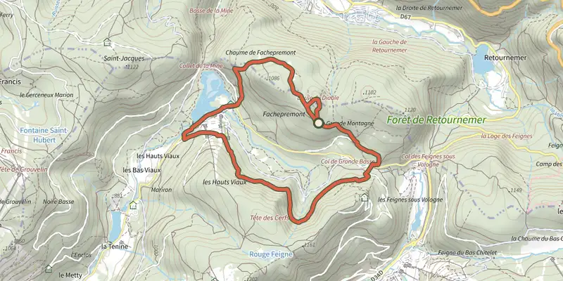 Map of the Tour de Grande Basse track on the IGN map, with the start and numbered waypoints