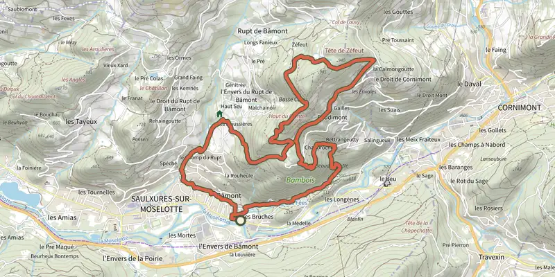Map of the Circuit des Étangs track on OpenTopoMap, with the start and numbered waypoints