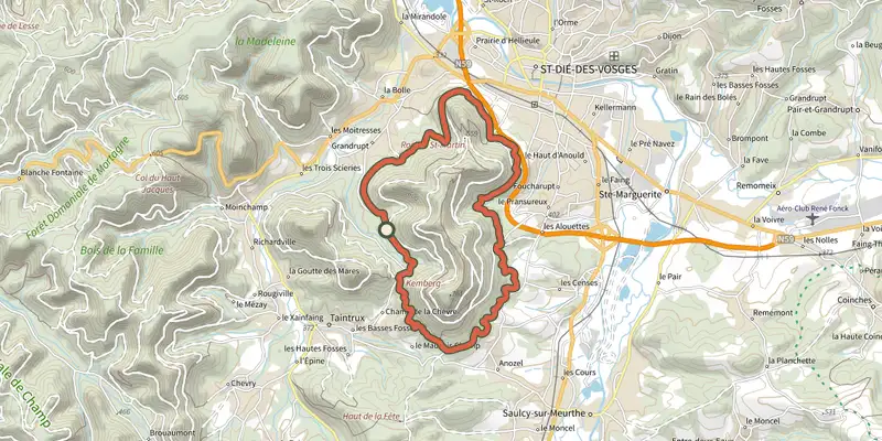 Map of the Tour du Kemberg track on the IGN map, with the start and numbered waypoints
