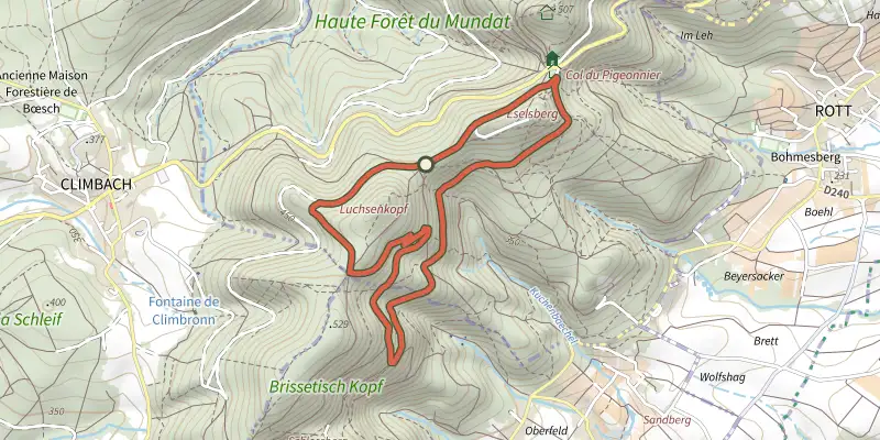 Map of the Circuit du Luchsenkopf track on the IGN map, with the start and numbered waypoints