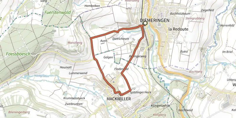 Map of the Mackwiller la romaine track on OpenTopoMap, with the start and numbered waypoints