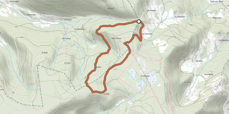 Carte du tracé de Circuit de la Charme sur le Plan IGN, départ et points de passage numérotés