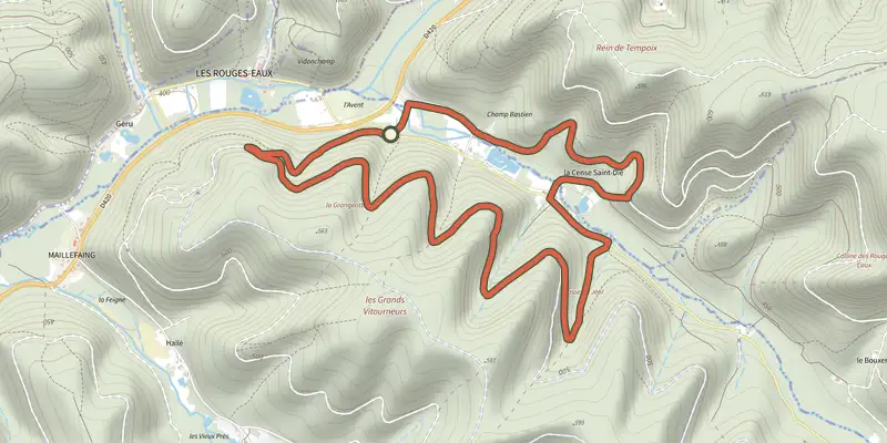 Carte du tracé de Circuit de la Cense de Saint-Dié sur le Plan IGN, départ et points de passage numérotés