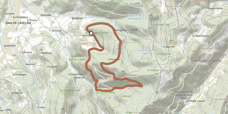 Map of the Sentier de Ronde track on the IGN map, with the start and numbered waypoints