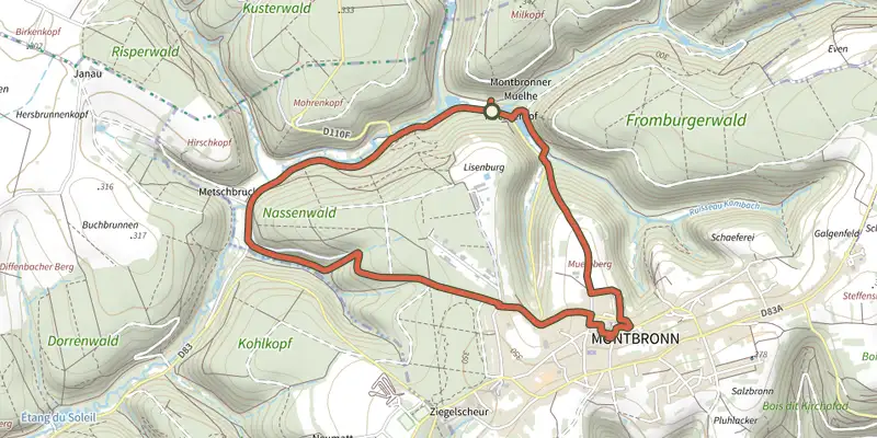 Carte du tracé de Circuit des calvaires n°1 sur le Plan IGN, départ et points de passage numérotés