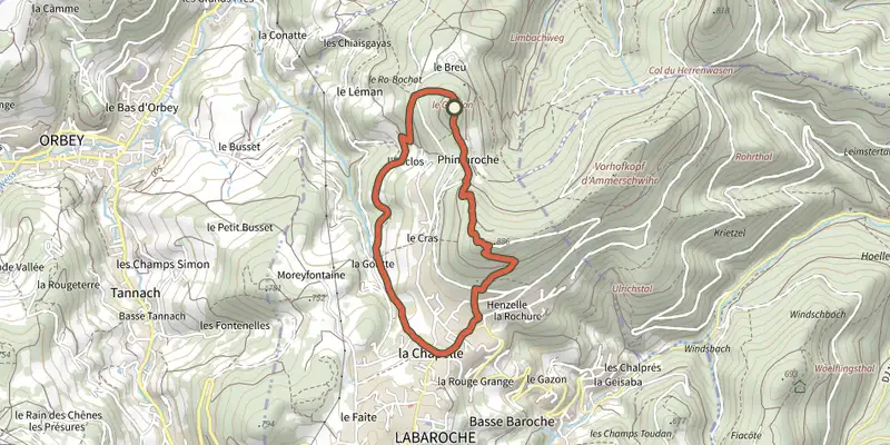 Carte du tracé de Circuit de la Chapelle sur le Plan IGN, départ et points de passage numérotés