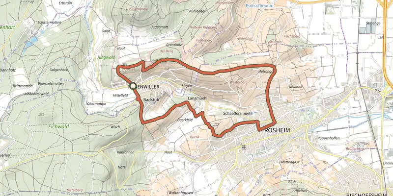 Carte du tracé de Circuit du Vignoble sur OpenTopoMap, départ et points de passage numérotés