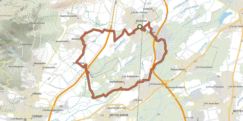 Carte du tracé de Circuit entre Thur et vignoble sur le Plan IGN, départ et points de passage numérotés