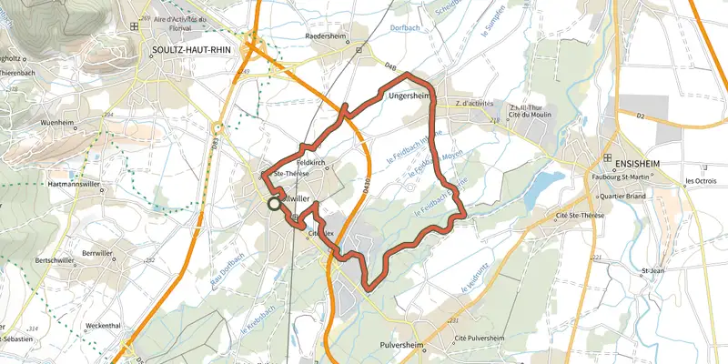Map of the Circuit de la potasse track on the IGN map, with the start and numbered waypoints