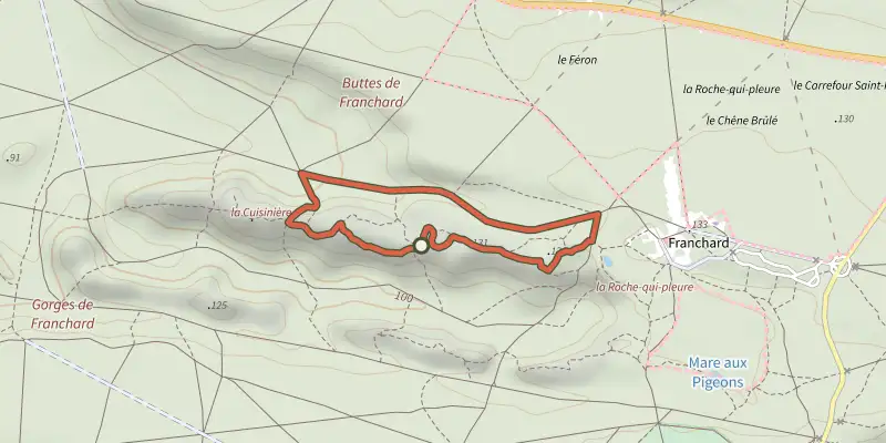 Map of the Sentier des Gorges de Franchard track on OpenTopoMap, with the start and numbered waypoints