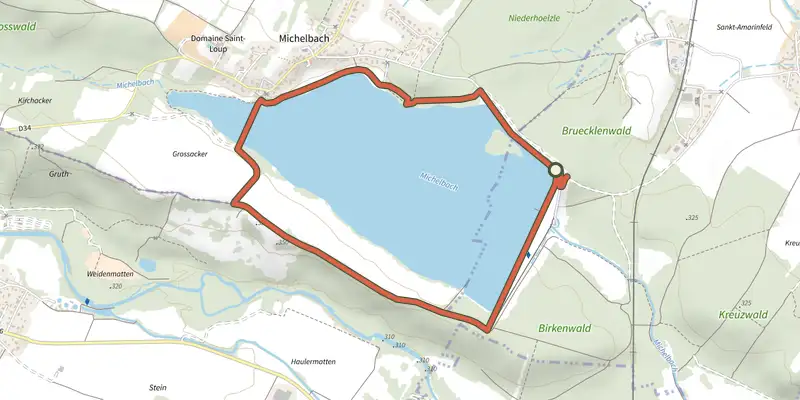 Map of the Circuit du lac track on OpenTopoMap, with the start and numbered waypoints