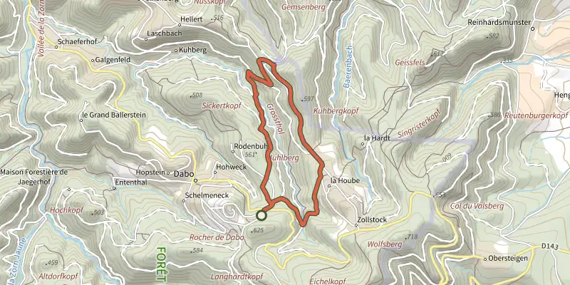 Carte du tracé de La borne Saint-Martin sur le Plan IGN, départ et points de passage numérotés