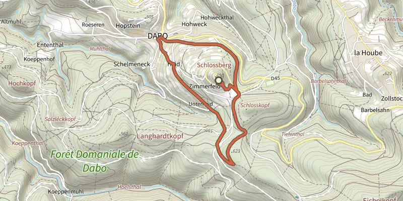 Map of the Le rocher du pays de Dabo track on the IGN map, with the start and numbered waypoints