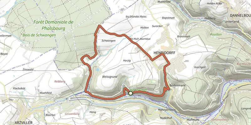 Carte du tracé de Circulaire Henridorff Sud sur OpenTopoMap, départ et points de passage numérotés