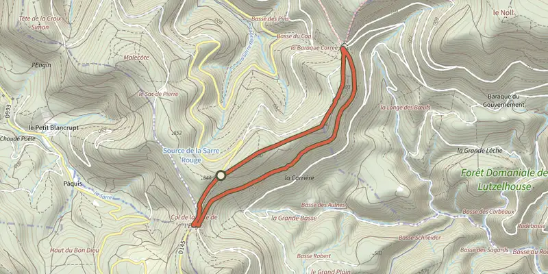 Carte du tracé de La Baraque carrée - le Chemin des Bornes sur OpenTopoMap, départ et points de passage numérotés