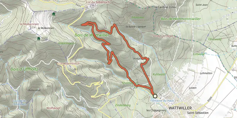 Map of the Circuit Mémoire de la guerre 14-18 track on OpenTopoMap, with the start and numbered waypoints