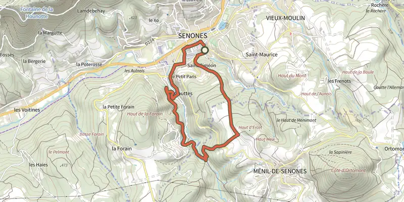 Map of the Circuit des Roches Margos track on the IGN map, with the start and numbered waypoints