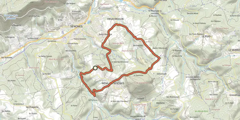 Carte du tracé de Circuit de Ménil-de-Senones à Vieux-Moulin sur le Plan IGN, départ et points de passage numérotés