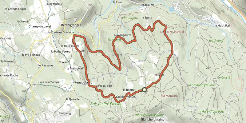 Carte du tracé de Circuit des Huttes sur le Plan IGN, départ et points de passage numérotés