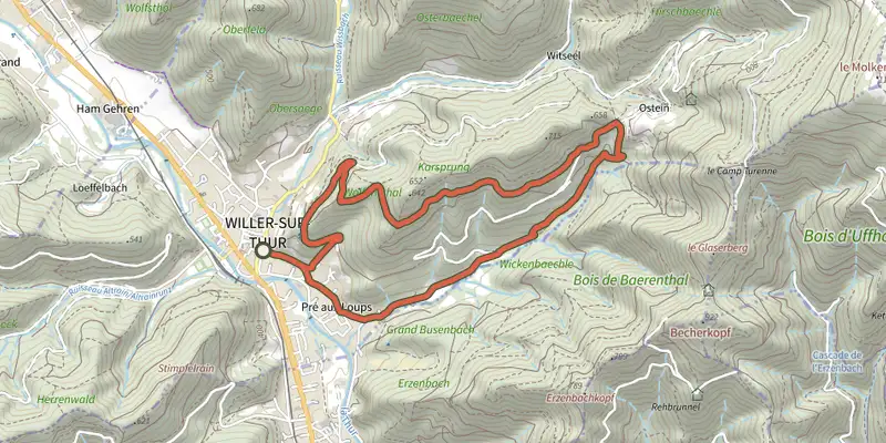 Carte du tracé de Karsprung versant sud sur OpenTopoMap, départ et points de passage numérotés