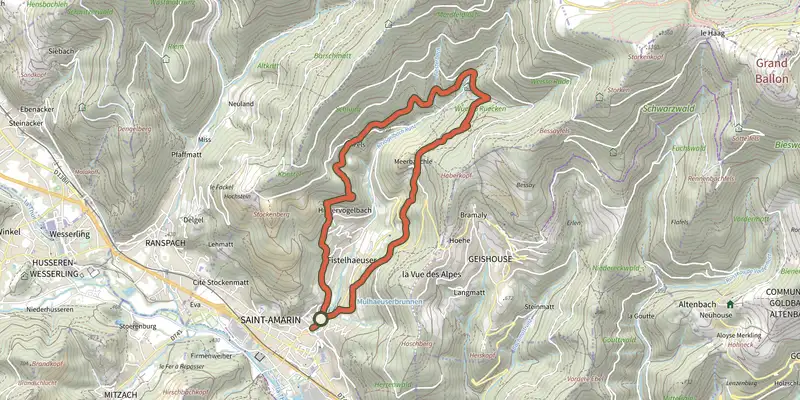 Carte du tracé de Tour du Meerbaechle sur OpenTopoMap, départ et points de passage numérotés