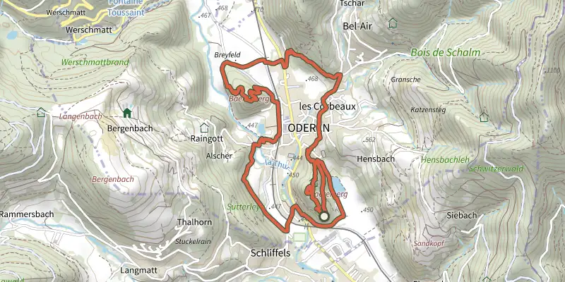 Map of the Tour de Oderen track on the IGN map, with the start and numbered waypoints