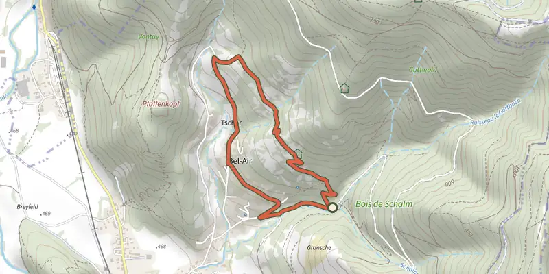 Carte du tracé de Sentier des Tilleuls sur le Plan IGN, départ et points de passage numérotés