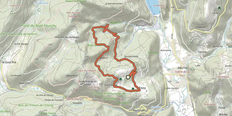 Carte du tracé de Circuit rouge du Frenz sur le Plan IGN, départ et points de passage numérotés