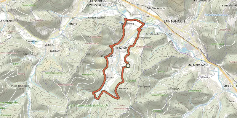 Carte du tracé de Sentier M sur le Plan IGN, départ et points de passage numérotés