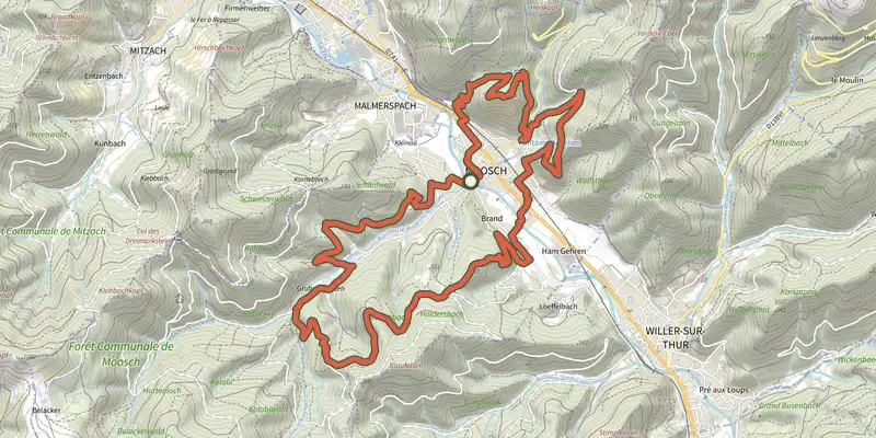Map of the Le sentier des 4 collines track on the IGN map, with the start and numbered waypoints