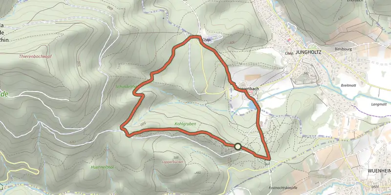 Map of the Circuit des Charbonniers track on OpenTopoMap, with the start and numbered waypoints