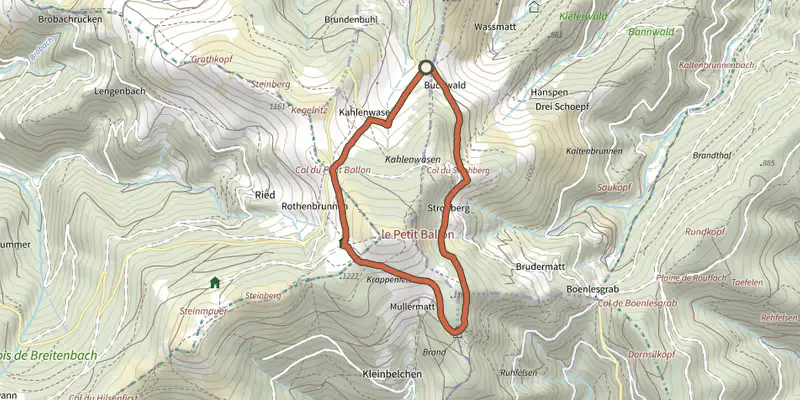 Map of the Tour du Petit Ballon track on the IGN map, with the start and numbered waypoints