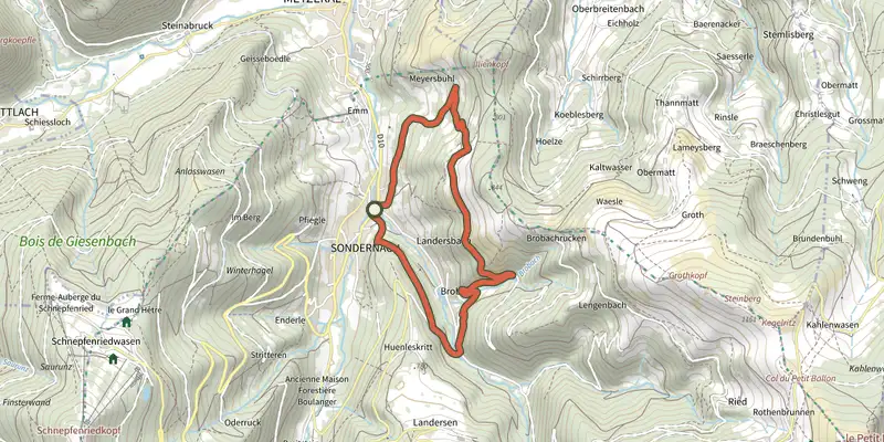 Map of the Circuit de Sondernach track on the IGN map, with the start and numbered waypoints