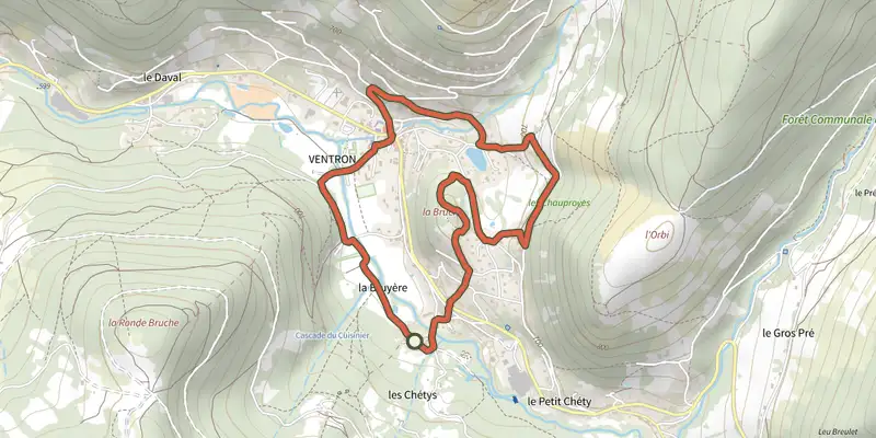 Map of the Circuit La Bruche track on OpenTopoMap, with the start and numbered waypoints