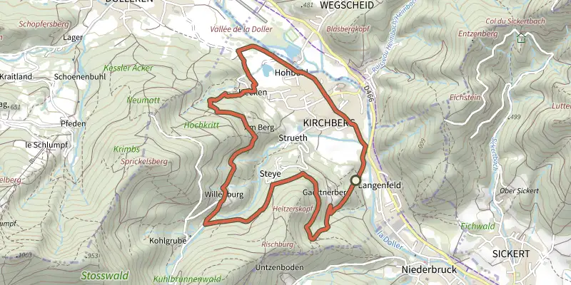 Map of the Tour de Kirchberg track on the IGN map, with the start and numbered waypoints