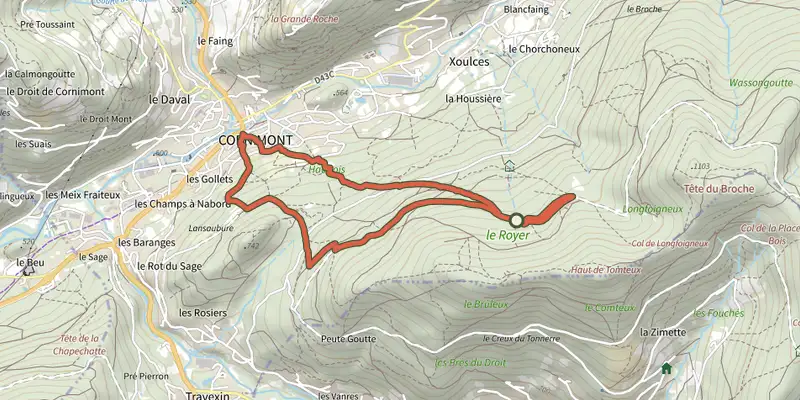 Map of the Sentier des fontaines track on the IGN map, with the start and numbered waypoints