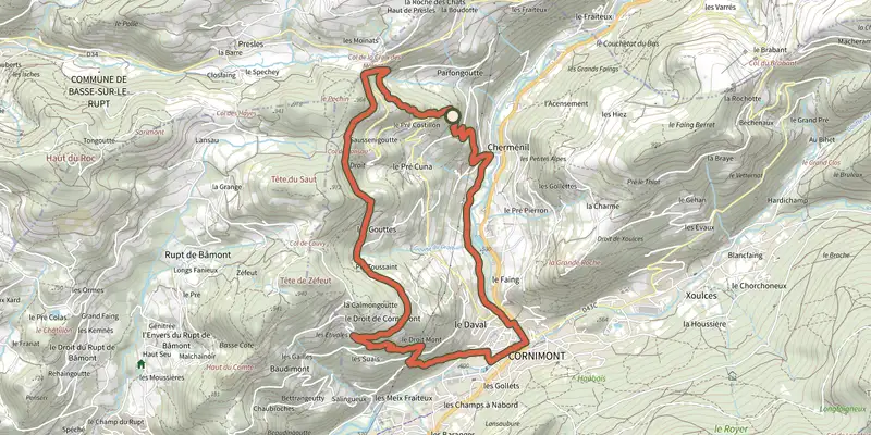 Carte du tracé de Tour du Droit de Cornimont sur OpenTopoMap, départ et points de passage numérotés