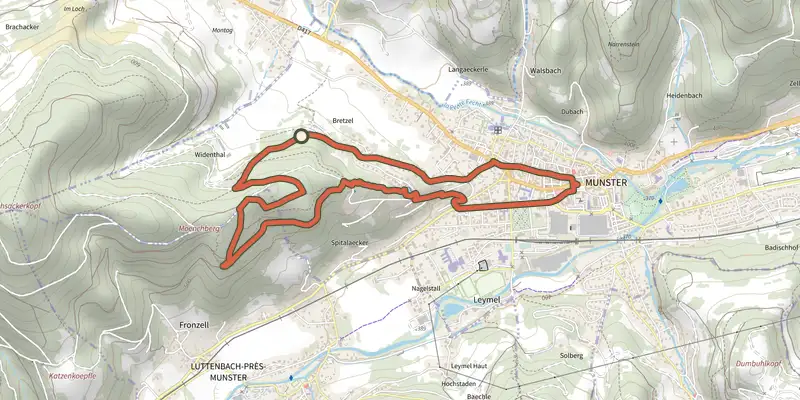 Carte du tracé de Circuit du Moenchberg sur le Plan IGN, départ et points de passage numérotés